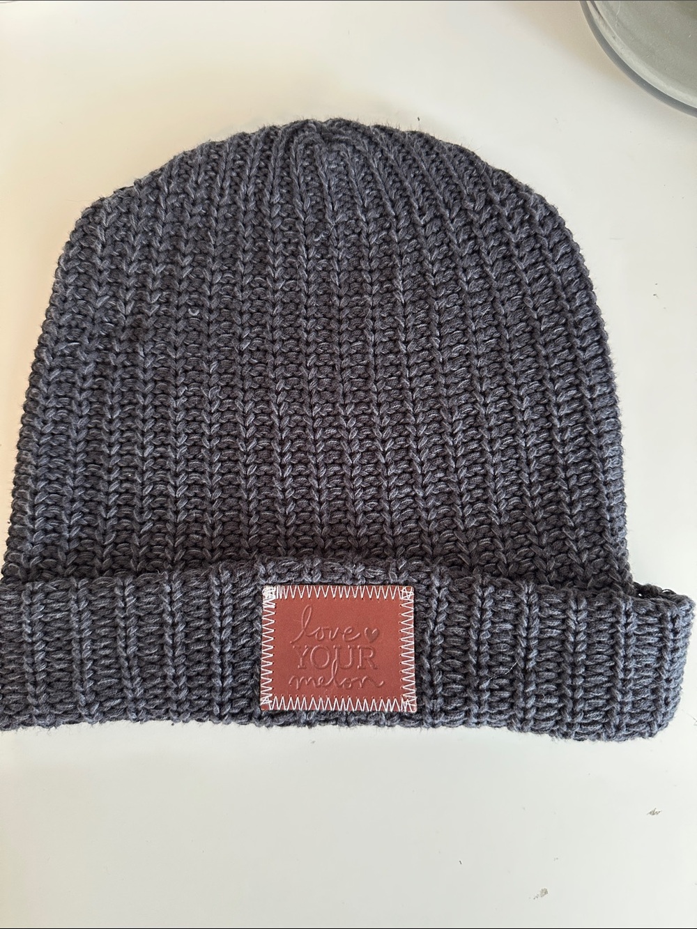 Love Your Melon Gray Knit Beanie with Leather Patch